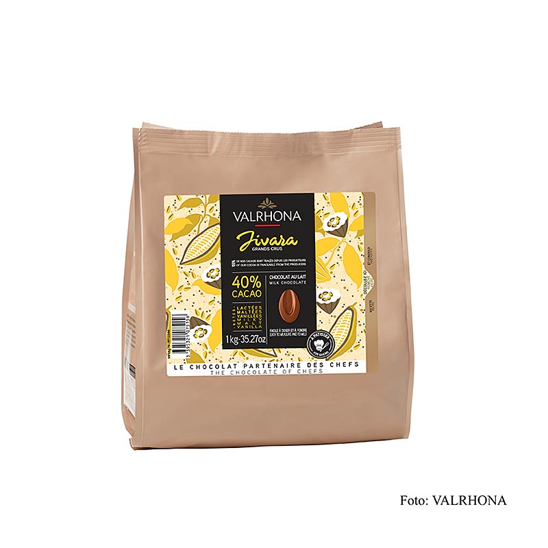 Valrhona Jivara Lactée Grand Cru, couverture lait entier, Callets, 40% cacao, 1 kg - Callets de chocolat au lait de qualité supérieure à 40% de cacao, parfaits pour les préparations de pâtisseries et de desserts.