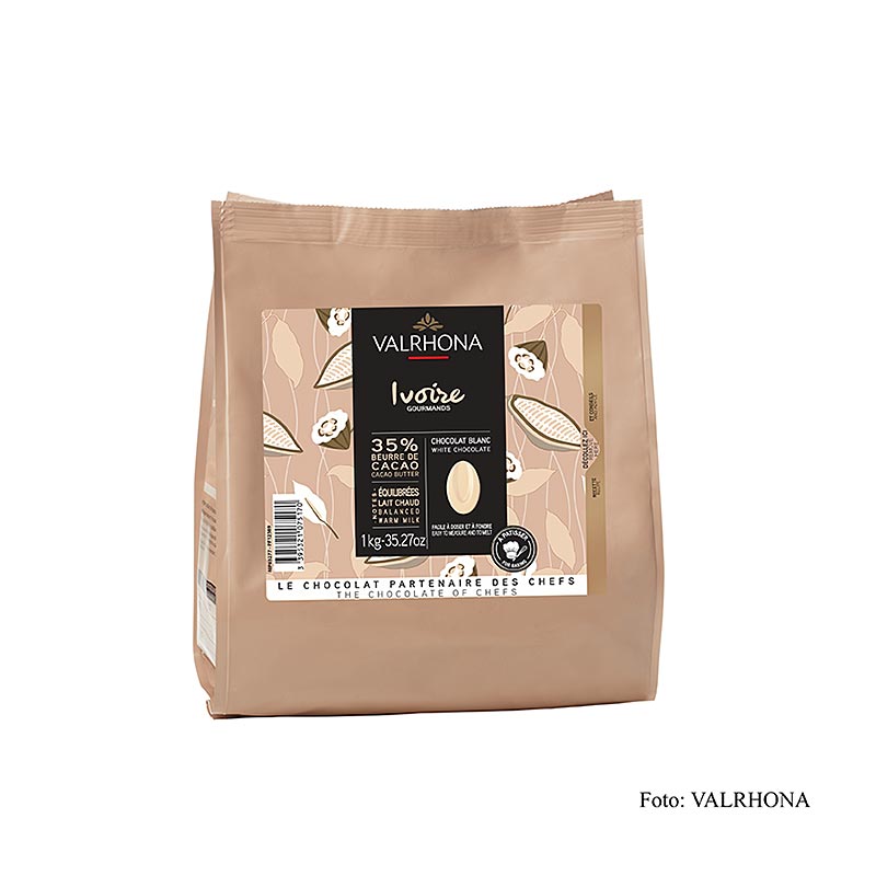 Valrhona Ivoire, couverture blanche, callets, 35% de beurre de cacao, 1 kg - chocolat belge de haute qualité pour pâtisseries et desserts