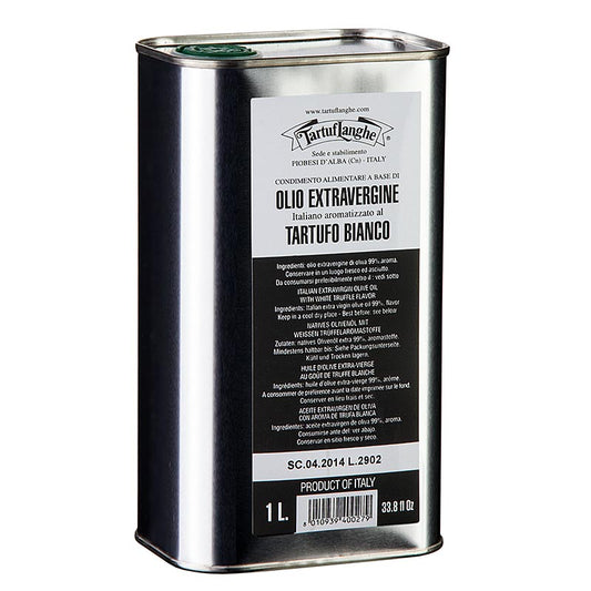 1 litre d'huile d'olive extra vierge Tartuflanghe au délicieux goût de truffe blanche, idéale pour enrichir les plats