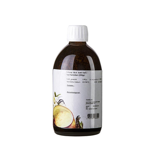 Extrait de vanille Bourbon, mouchetée, de Madagascar, Eurovanilla, 500 g - photo de l'extrait de vanille en pot de verre avec étiquette