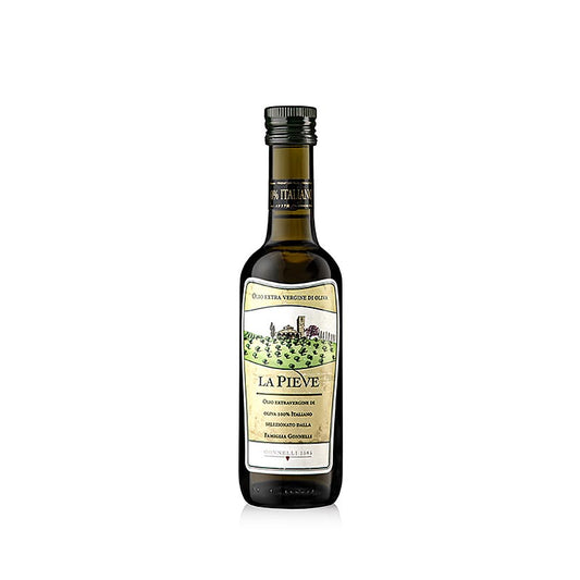 Bouteille de 375 ml d'huile d'olive extra vierge Santa Tea Gonnelli La Pieve de couleur verte et aux reflets dorés.