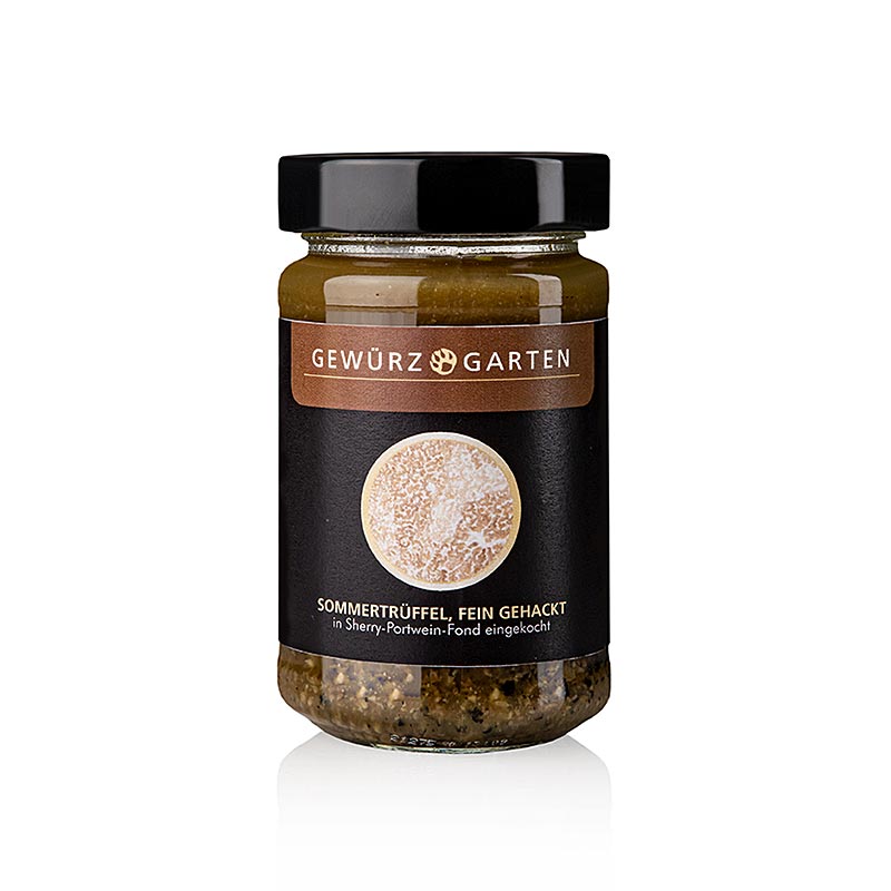 Brisures de truffes d'été Gewürzgarten, finement hachées et cuites dans un bouillon de porto, 225 g - morceaux de truffes savoureux dans un riche bouillon de porto, parfaits pour une variété de plats.