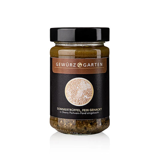 Brisures de truffes d'été Gewürzgarten, finement hachées et cuites dans un bouillon de porto, 225 g - morceaux de truffes savoureux dans un riche bouillon de porto, parfaits pour une variété de plats.