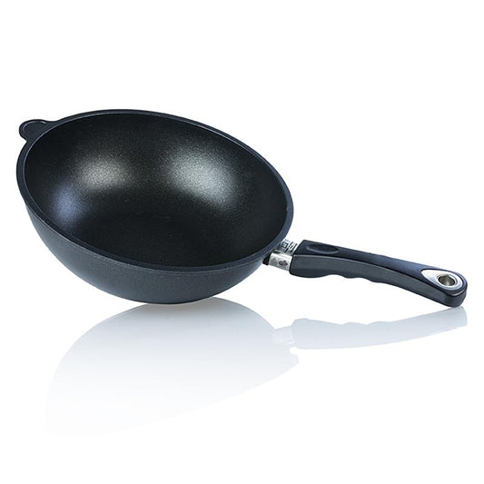Poêle wok AMT Gastroguss de 28 cm de diamètre et 11 cm de hauteur, en une seule pièce, de haute qualité