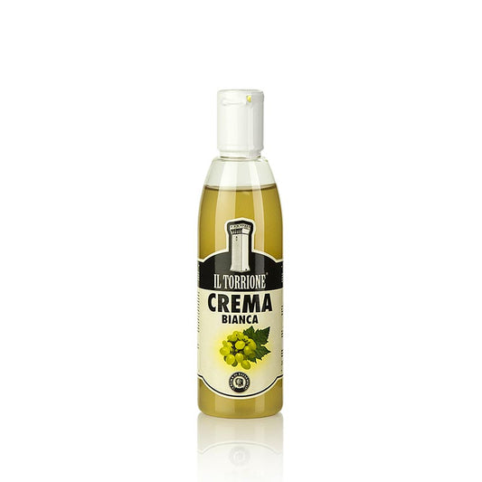 Bouteille de 250 ml de Crema di Balsamico Bianco de Il Torrione, adaptée aux plats salés et aux desserts.