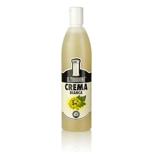 Crema di Balsamico Bianco, une crème balsamique délicieuse et polyvalente de Il Torrione, adaptée aux plats salés et sucrés, en bouteille de 500 ml.