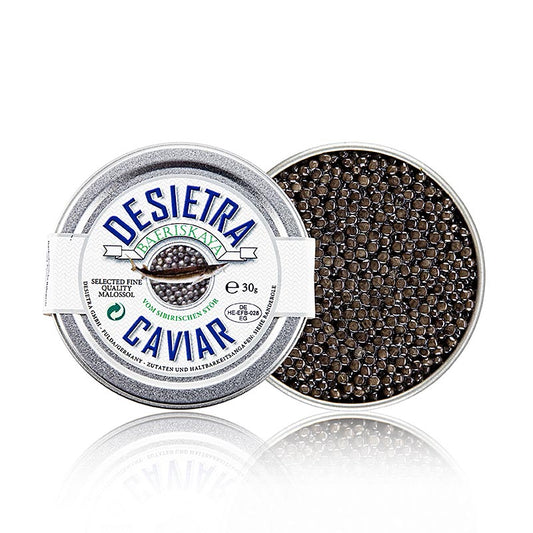 Desietra Baeriskaya Caviar Malossol 30g - Caviar d'esturgeon Baerii, 30 g - Caviar d'esturgeon Baerii de luxe, 30 g, parfait pour les plats gastronomiques.
