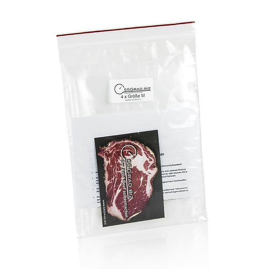 Photo du sac de maturation à membrane taille M, 250x550mm, pour la maturation à sec de la viande de bœuf à 55 degrés, emballé par 5 pièces