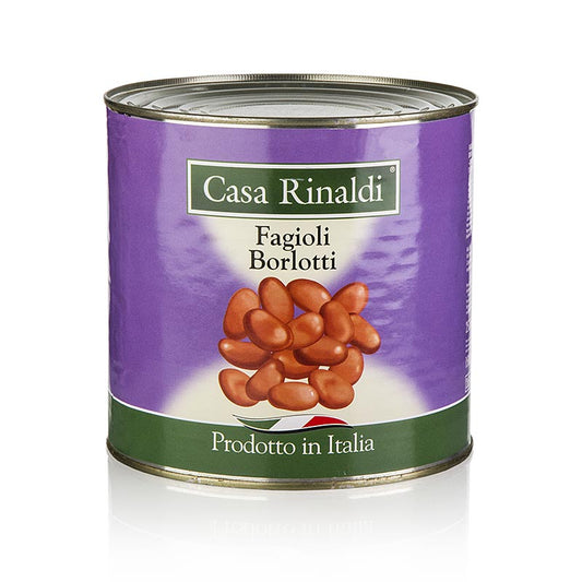 Photographie d'un pot ouvert de haricots Borlotti, Fagioli Borlotti, cuits, 26 kg, un produit délicieux et nutritif pour une variété de plats.