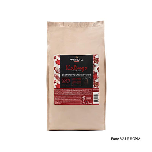Valrhona Kalingo, couverture noire, callets, 65% de cacao, pures fèves de Grenade, 3 kg - Un grand sac contenant 3 kilogrammes de callets de chocolat noir de haute qualité fabriqués à partir de 65% de cacao pur provenant de fèves de Grenade.