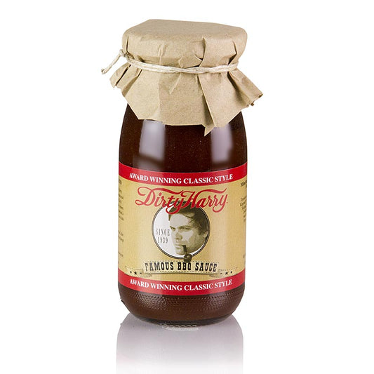 Dirty Harry's Famous BBQ Sauce, une bouteille de 250 ml de condiment biologique et végétalien