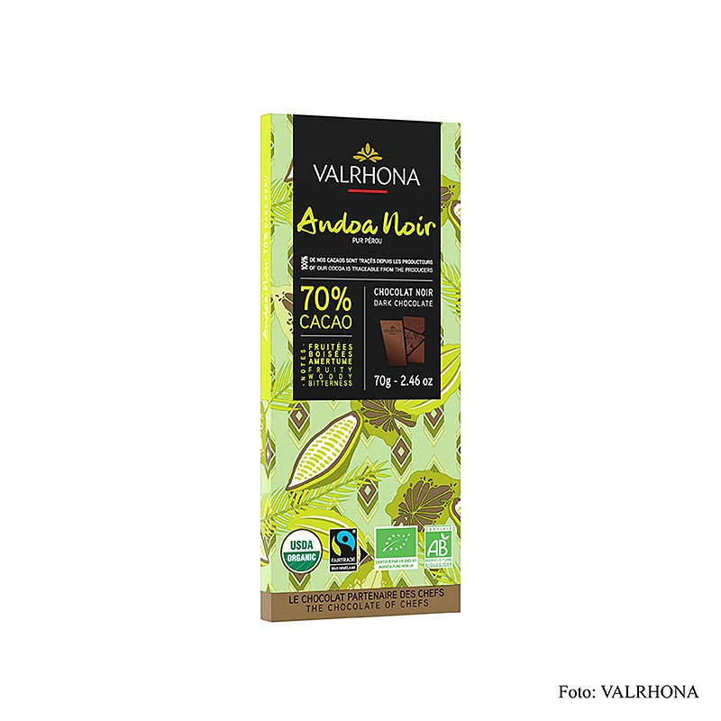 Valrhona Andoa Noire, couverture noire, tablette, 70% de cacao, bio, 70 g - Tablette de chocolat noir bio de qualité supérieure avec 70% de cacao, 70 g