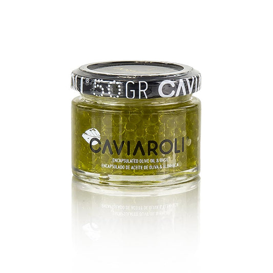 Caviaroli® caviar d'huile d'olive, petites perles d'huile d'olive au basilic, vert, 50 g - produit unique à base d'huile d'olive au basilic en forme de petites perles, 50 g