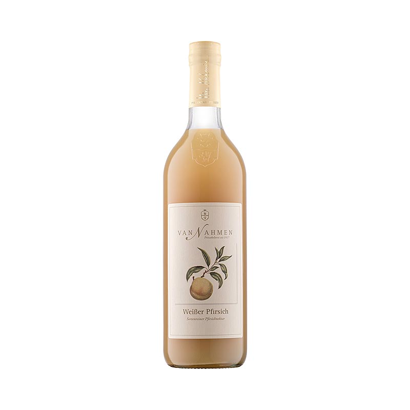 Bouteille de 750 ml de nectar de pêche blanche van Nahmen, fabriqué avec 50 % de jus direct de pêches blanches, une boisson rafraîchissante et délicieuse à base de jus de fruits.