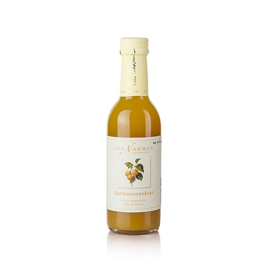 Une bouteille de 250 ml de Nectar d'abricot van Nahmen fabriqué avec 45% de jus direct d'abricots Orangé de Provence.