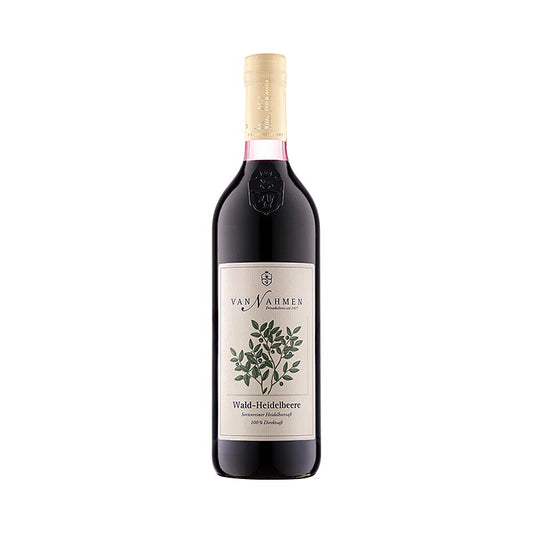 Myrtilles, 100% jus instantané, de Nahmen, bio, 750 ml - Image d'une bouteille de jus de myrtilles 100% bio de Nahmen, d'une contenance de 750 ml