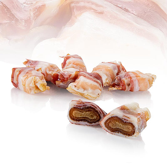 Gros plan du logo VULCANO bacon dates sur l'emballage du produit de qualité supérieure bacon et dattes de Styrie