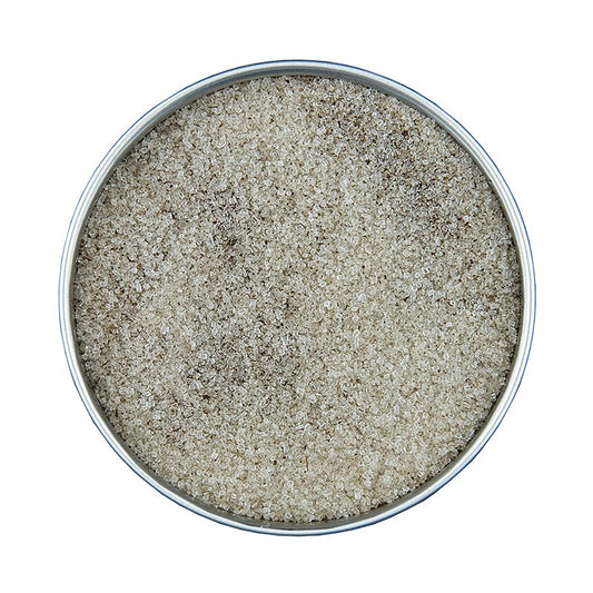 Bourbon spice sugar, sucre de canne à la vanille Bourbon, Altes Gewürzamt, 150 g emballage produit avec étiquette dorée et gousses de vanille 