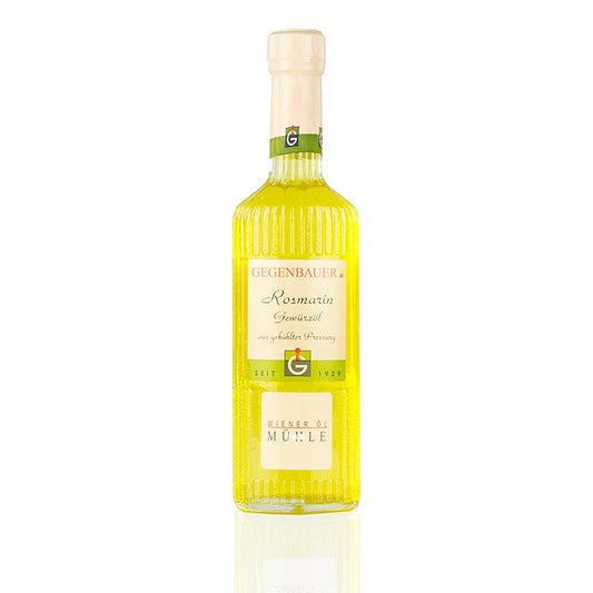 Bouteille de 250 ml d'huile de romarin, à base d'huile de graines de tournesol, idéale pour la cuisson et l'assaisonnement des plats.