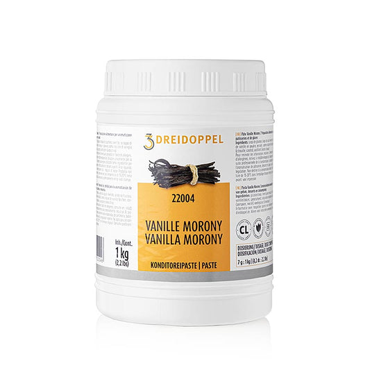 Pâte de vanille Moroni, Dreidoppel, Nr220, 1 kg - pâte de vanille de haute qualité dans un emballage pratique de 1 kg pour une utilisation professionnelle dans la boulangerie et la pâtisserie.