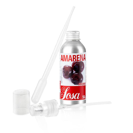 Arôme liquide de cerise Amarena en bouteille de 50g, parfait pour les recettes sucrées et les desserts.