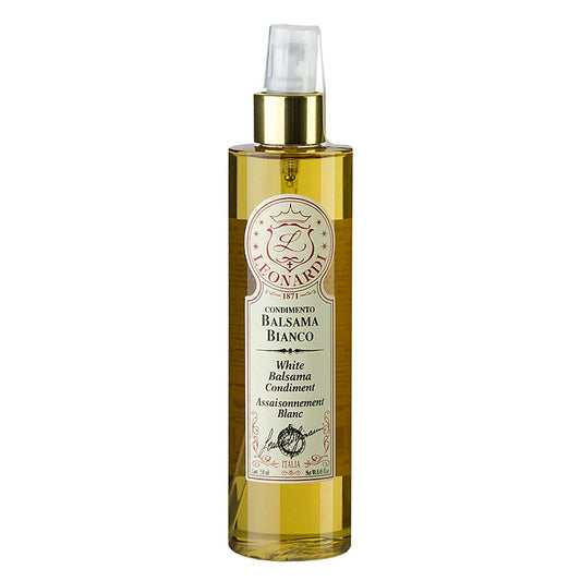 Balsamic Bianco Condimento, 5 ans, fût de chêne, en atomiseur, Leonardi, 250 ml - Condiment balsamique Bianco de 250 ml, vieilli en fût de chêne pendant 5 ans, produit par Leonardi, dans un atomiseur pratique.