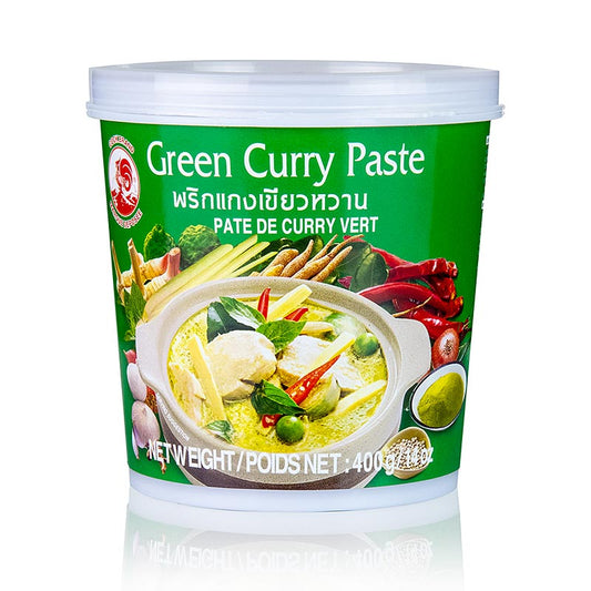 400 g de pâte de curry vert Cock Merk, un ingrédient polyvalent et savoureux pour cuisiner des plats thaïlandais authentiques