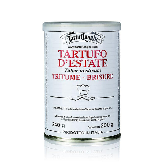 Les brisures de truffes d'été Tartuflanghe en boîte de 200 g, de délicieux copeaux de truffes pour une expérience culinaire luxueuse.