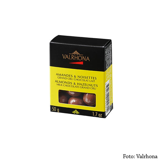 Valrhona Equinoxe balls - amandes/noisettes dans du chocolat au lait, 50 g, délicieux chocolats belges avec amandes et noisettes dans un emballage de chocolat au lait