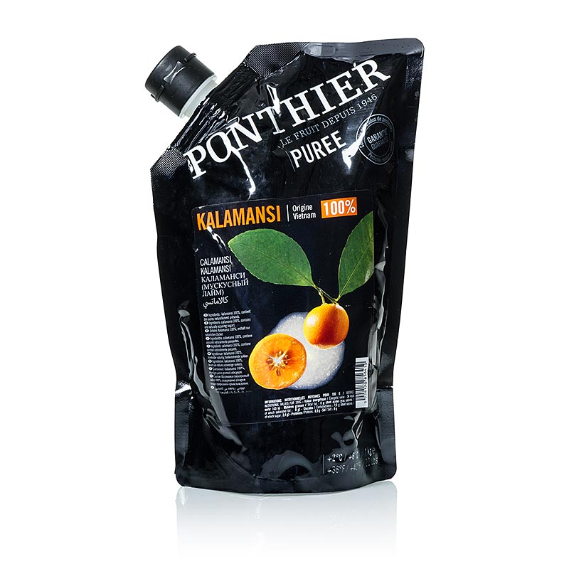 Purée - Citron Kalamansi, non sucrée, 100% fruit, 1 kg - image du produit avec la délicieuse purée de fruits naturelle à base de citrons Kalamansi frais