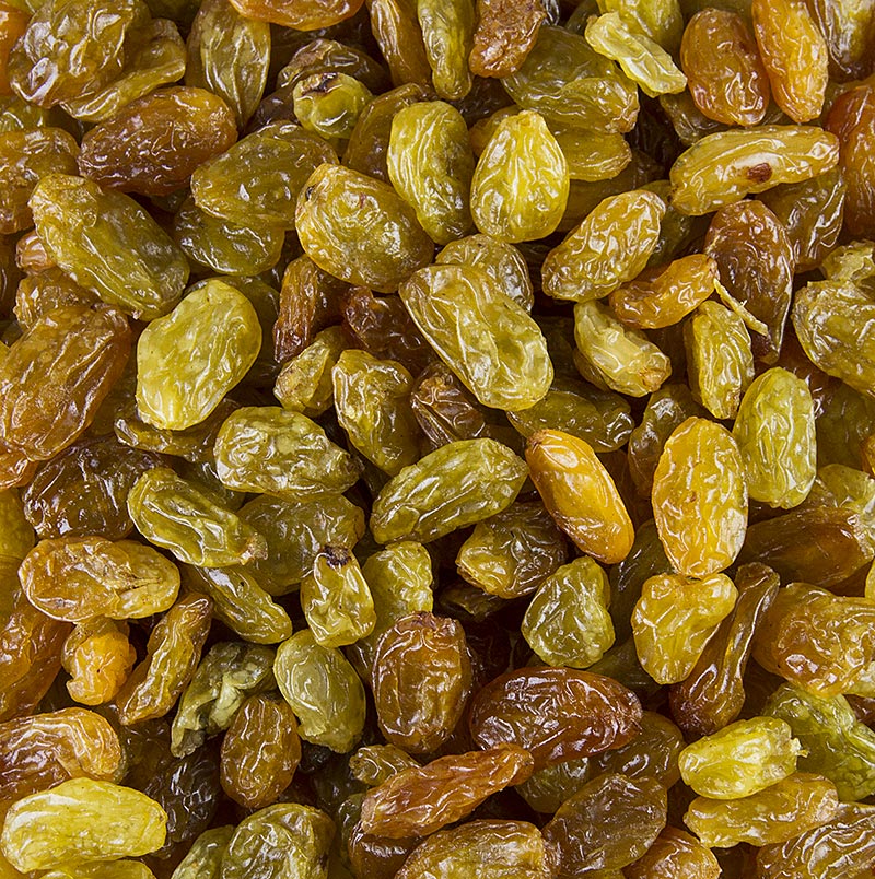 Un paquet de 1 kg de raisins verts/jaunes Jumbo du Chili, semblables à des raisins secs, conservés avec du soufre.