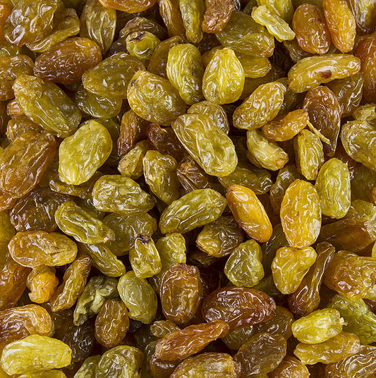 Un paquet de 1 kg de raisins verts/jaunes Jumbo du Chili, semblables à des raisins secs, conservés avec du soufre.