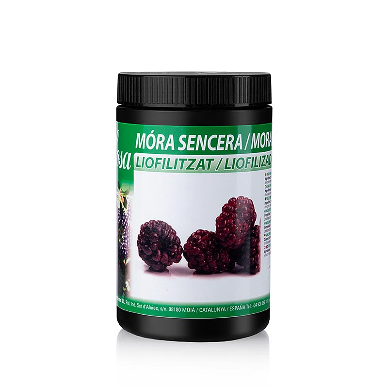 Gros plan sur les mûres lyophilisées Sosa, entières (38051), 80 g, montrant la couleur violette vibrante et la texture naturelle des mûres lyophilisées.