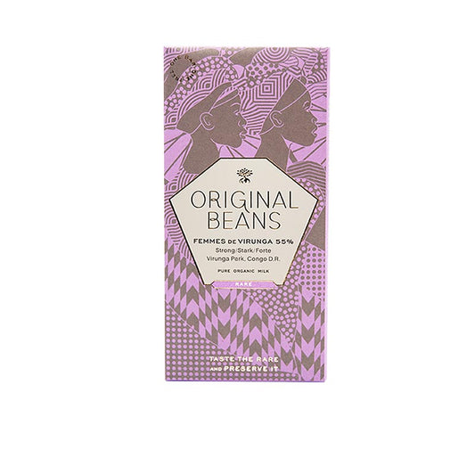 Tablette de chocolat biologique de 70 g fabriquée à partir de 55 % de chocolat au lait de la coopérative des femmes des Virunga du Congo, provenant de fèves originales.