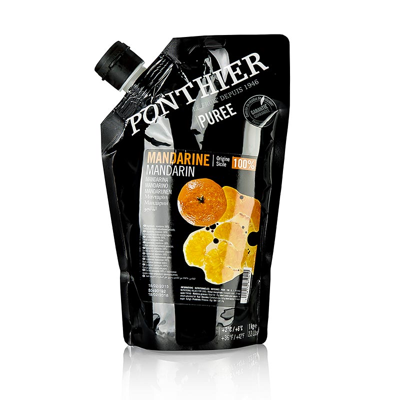 Un paquet de 1 kg de purée de mandarines 100% fruits, parfaite pour la cuisine et la pâtisserie.