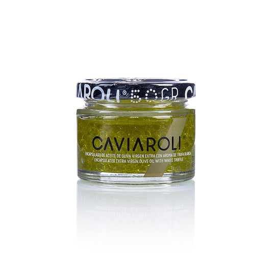 Caviaroli® caviar d'huile d'olive, petites perles d'huile d'olive au goût de truffe blanche, 50 g - Délicates perles d'huile d'olive au goût délectable de truffe blanche