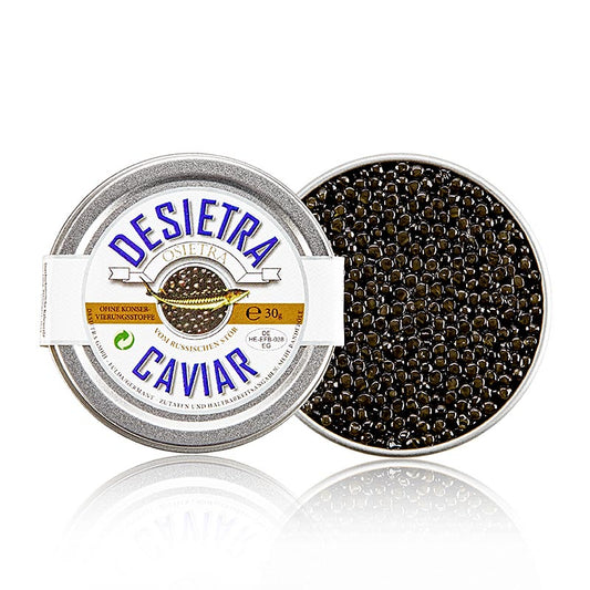 Caviar Desietra Osietra (gueldenstaedtii) sur assiette blanche, 30g