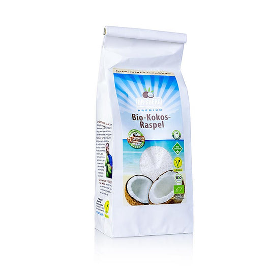 Flocons de noix de coco Dr Goerg biologiques, fins, en paquet de 300 g, parfaits pour la pâtisserie et la cuisine.
