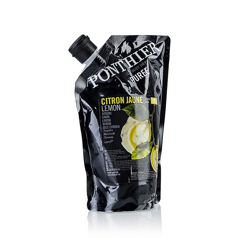 Alt text : Un paquet de 1 kg de purée de citron 100% fruit, un produit rafraîchissant et naturel parfait pour la cuisine et la pâtisserie.
