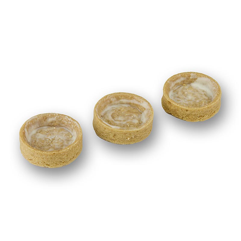 Tartelettes de dessert au beurre AOP, enrobées, 35mm de diamètre et 10mm de hauteur, emballées dans une boîte de 840g, avec un total de 210 pièces.