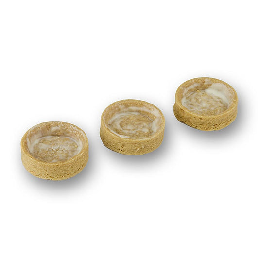 Tartelettes de dessert au beurre AOP, enrobées, 35mm de diamètre et 10mm de hauteur, emballées dans une boîte de 840g, avec un total de 210 pièces.