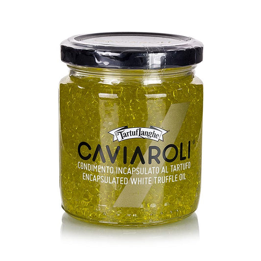Bocal contenant 200 grammes de caviar de truffe Tartuflanghe, également connu sous le nom de Perlage di Tartufo, avec un délicieux arôme de truffe blanche.