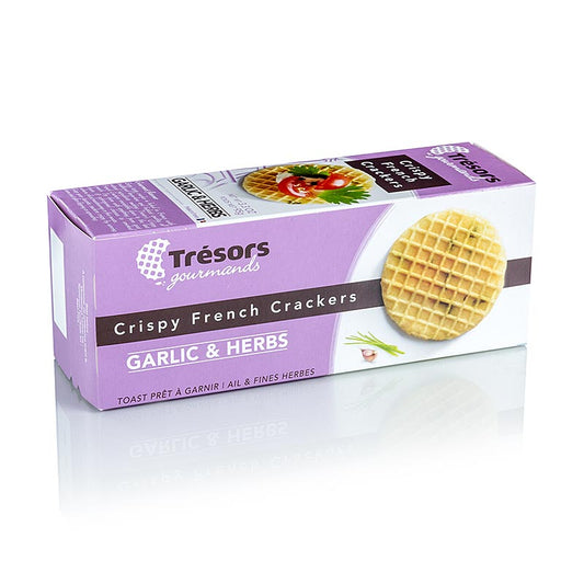 Barsnack Tresors - Crunchy franz Mini waffle cracker à l'ail et aux fines herbes, 95 g produit de grignotage présenté sur fond blanc avec assaisonnement à l'ail et aux fines herbes 