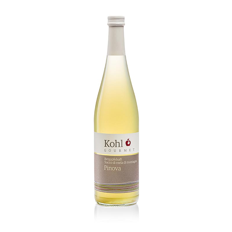 Bouteille de 750 ml de jus de pomme de montagne Gourmet Pinova, un délicieux jus de pomme de haute qualité fabriqué à partir de pommes Pinova cueillies à la main.