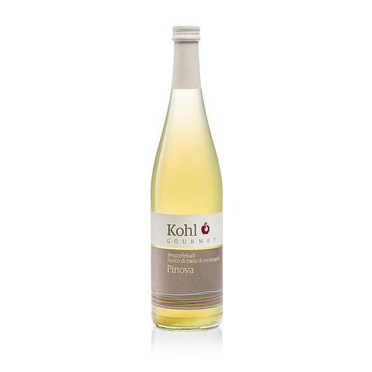 Bouteille de 750 ml de jus de pomme de montagne Gourmet Pinova, un délicieux jus de pomme de haute qualité fabriqué à partir de pommes Pinova cueillies à la main.