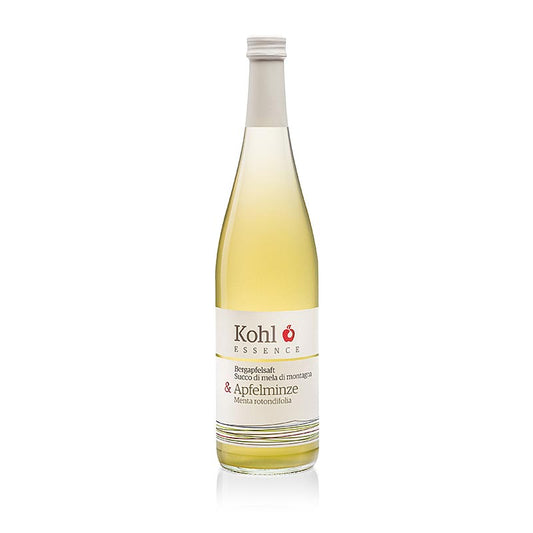 ESSENCE jus de pomme de montagne + menthe, 750 ml, un mélange rafraîchissant et entièrement naturel de jus de pomme de montagne et de menthe dans une bouteille de 750 ml.