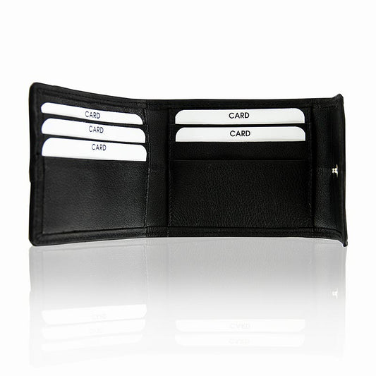 Porte-cartes de crédit noir en cuir d'esturgeon/vachette avec bouton pression, 11x9x2cm
