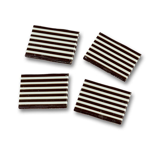 Décoratif Domino rectangle à rayures blanches et chocolat noir, mesurant 32x49mm, pesant 12kg, et composé d'environ 380 pièces.
