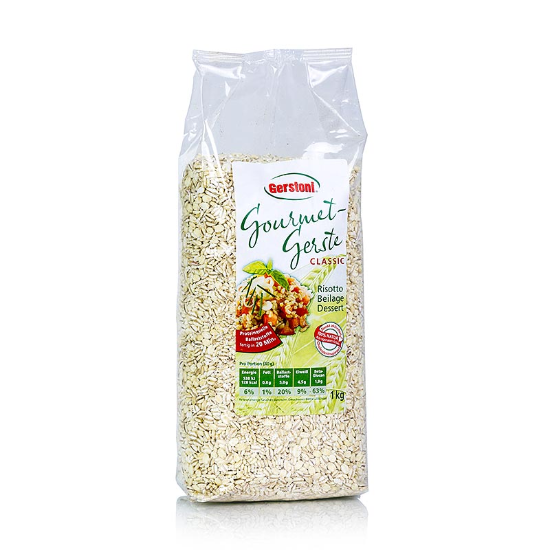 Gros plan sur l'orge Gerstoni Gourmet - Classic, 1 kg, un orge perlé de qualité supérieure, de taille moyenne, parfait pour la cuisine gastronomique et la préparation des repas.