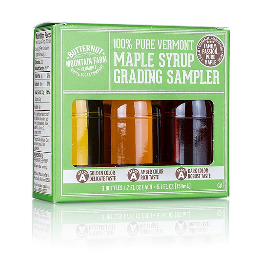 Boîte de test pour le sirop d'érable A Grade avec 3 variantes (doré, ambré, foncé), 50 ml chacune 